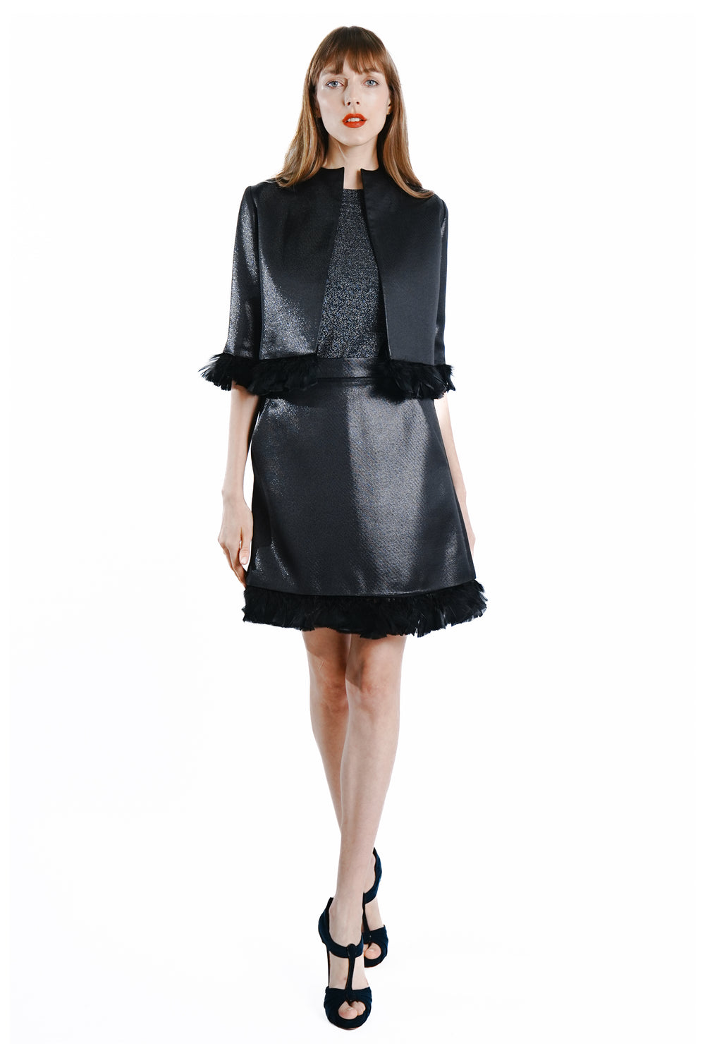 Eizelle Lurex Skirt with Feather Trim