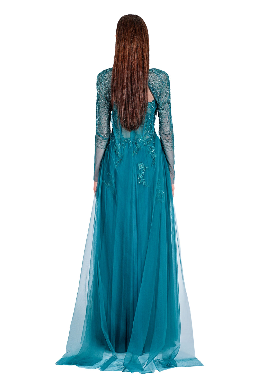 Rhea Lace Emb. Gown with Long Sleeves Cape