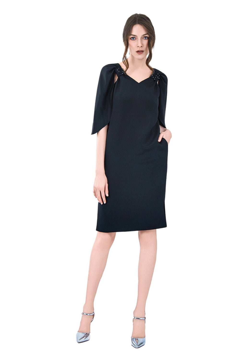 Reva Cape Sleeves Silk Crepe Dress