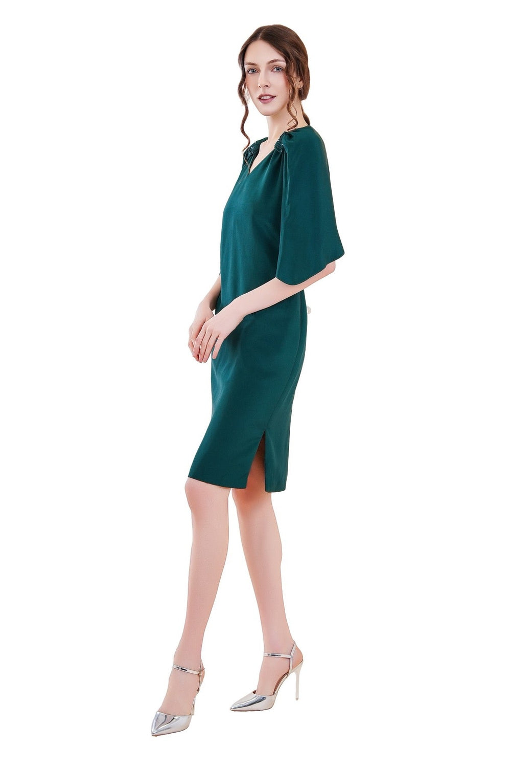 Reva Cape Sleeves Silk Crepe Dress