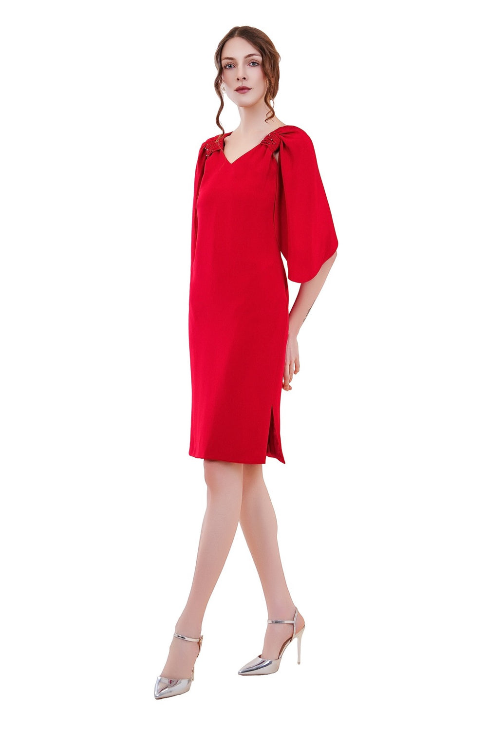 Reva Cape Sleeves Silk Crepe Dress - Red