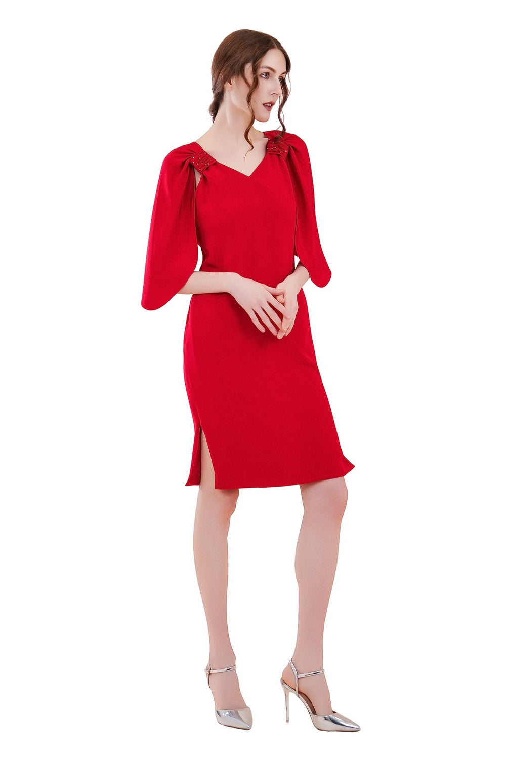 Reva Cape Sleeves Silk Crepe Dress - Red