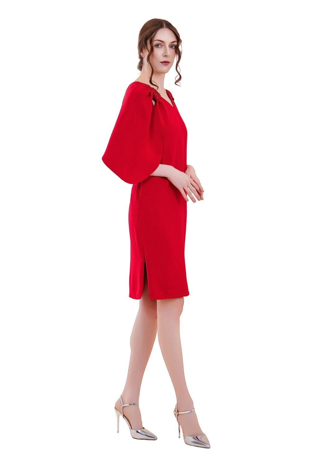 Reva Cape Sleeves Silk Crepe Dress - Red