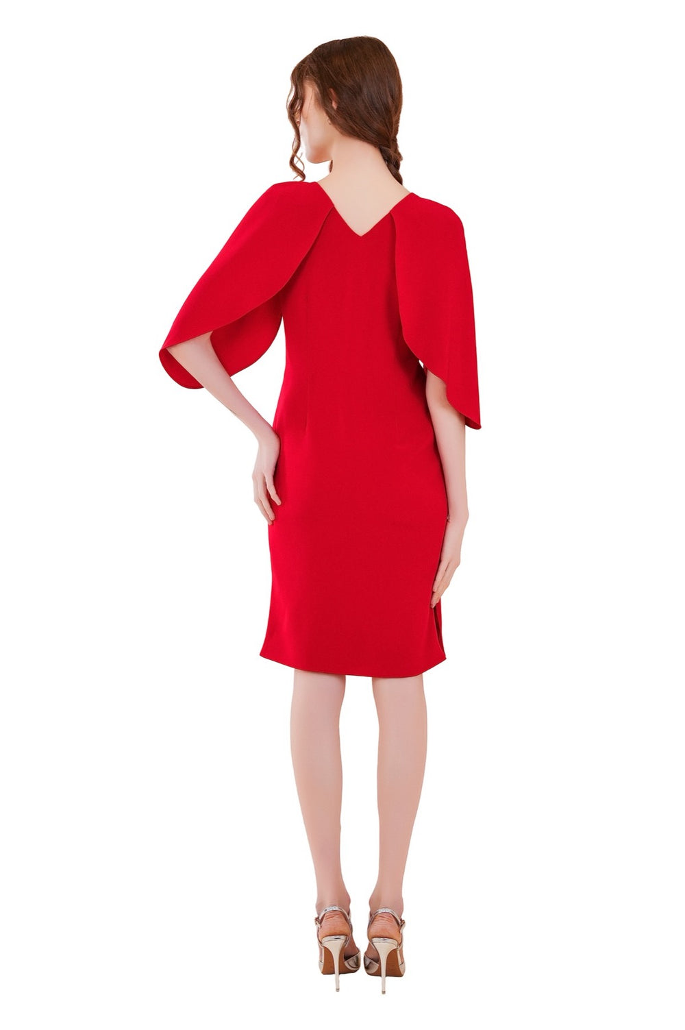 Reva Cape Sleeves Silk Crepe Dress - Red