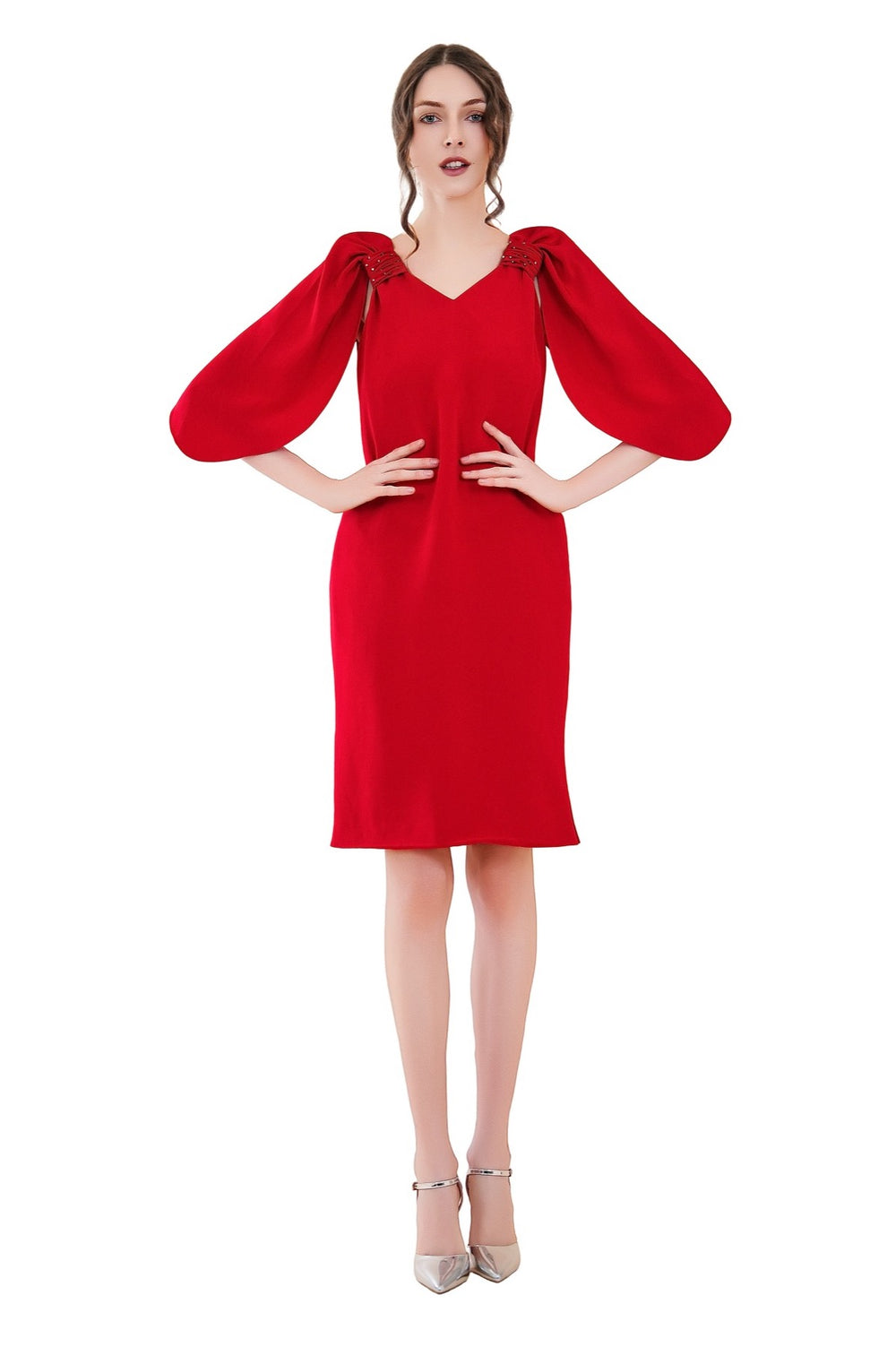 Reva Cape Sleeves Silk Crepe Dress - Red