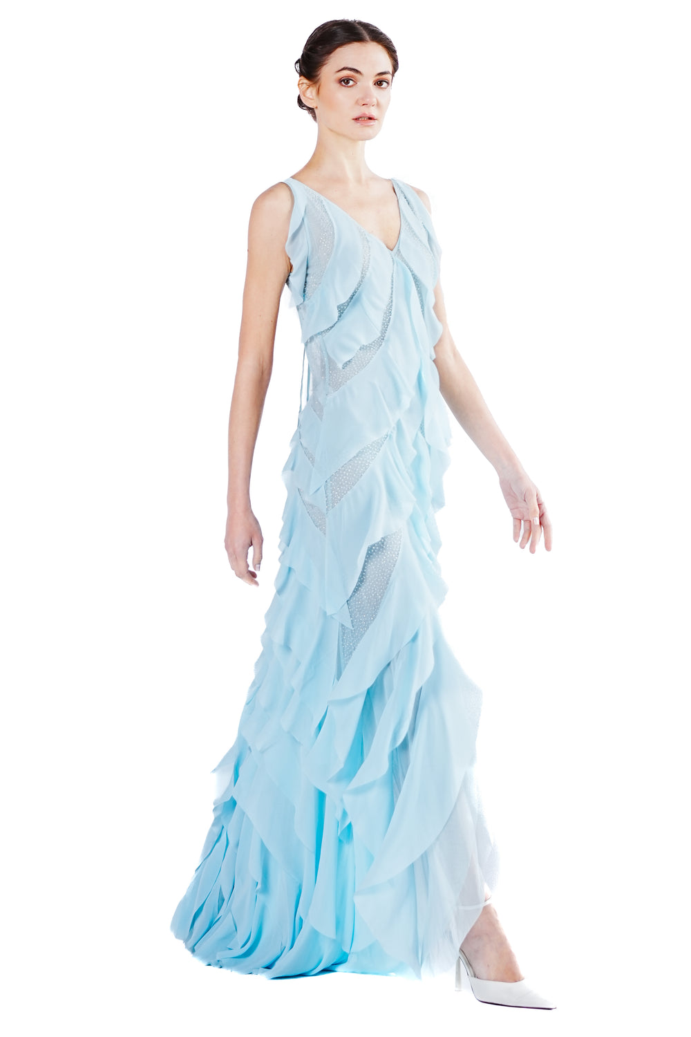 Julienne Multi-layer Chiffon Emb. Gown in Light Blue