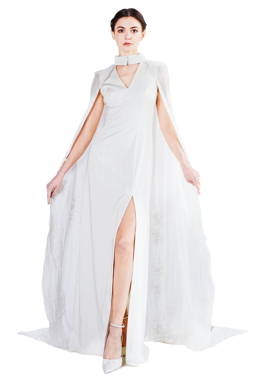 Marigold gown with lace embroidery cape