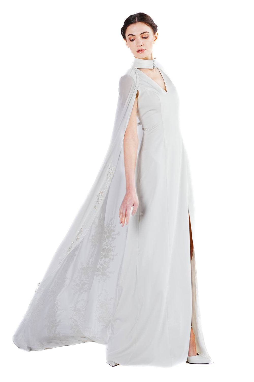 Marigold gown with lace embroidery cape