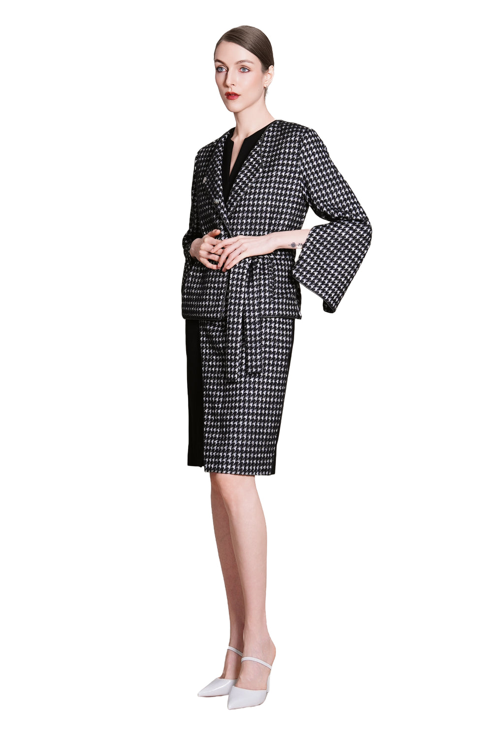 Reese Houndtooth Wool Tie Waist Jacket