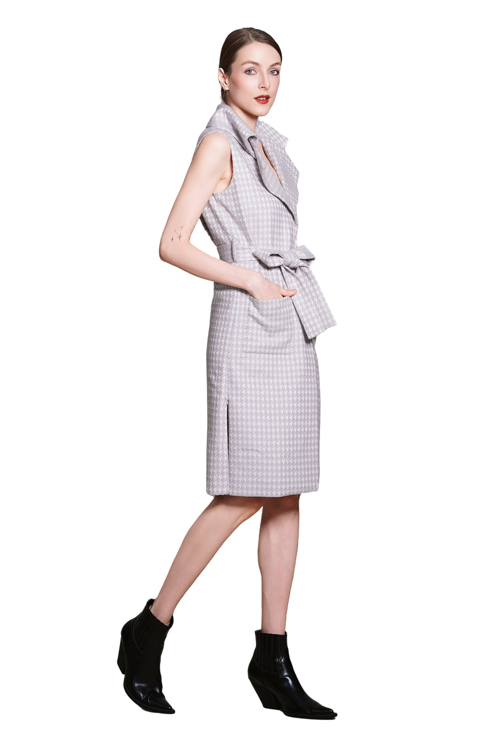 Bea Houndtooth Wool Maxi Sleeveless Trench