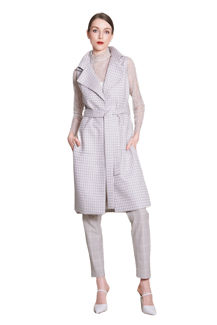 Bea Houndtooth Wool Maxi Sleeveless Trench