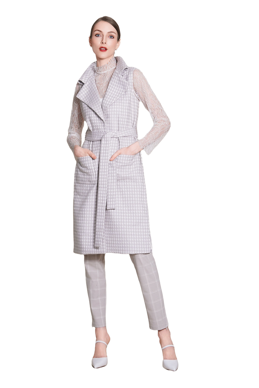 Bea Houndtooth Wool Maxi Sleeveless Trench