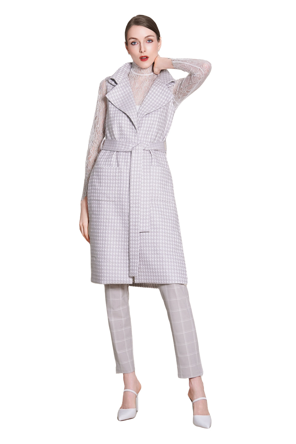 Bea Houndtooth Wool Maxi Sleeveless Trench