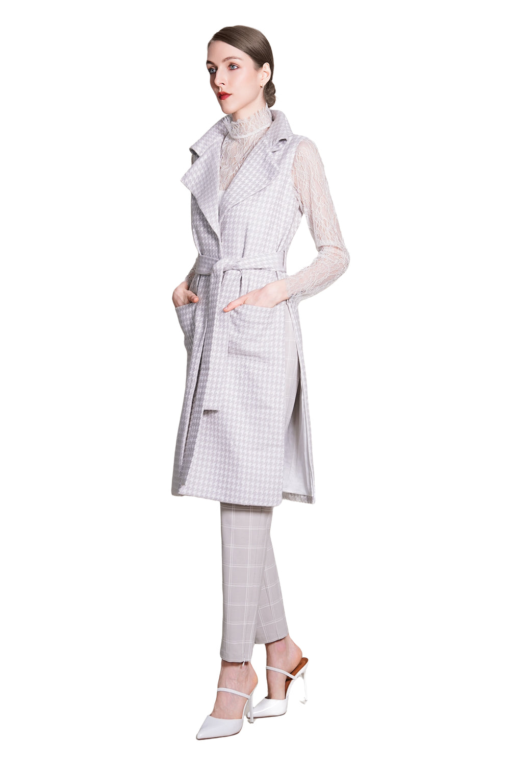 Bea Houndtooth Wool Maxi Sleeveless Trench
