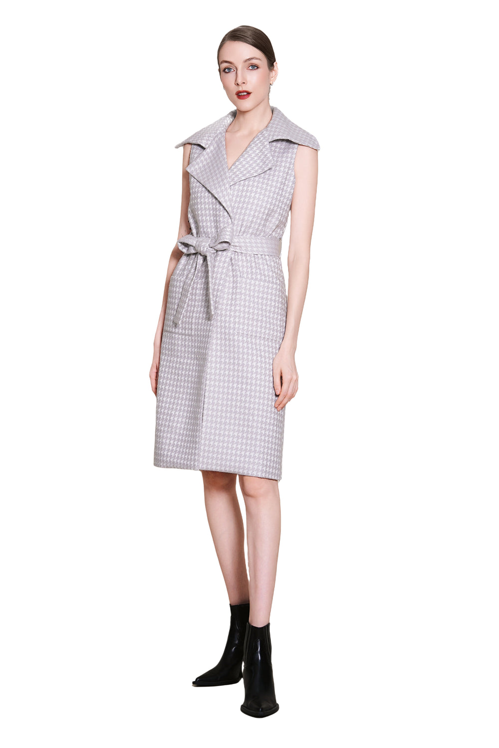 Bea Houndtooth Wool Maxi Sleeveless Trench