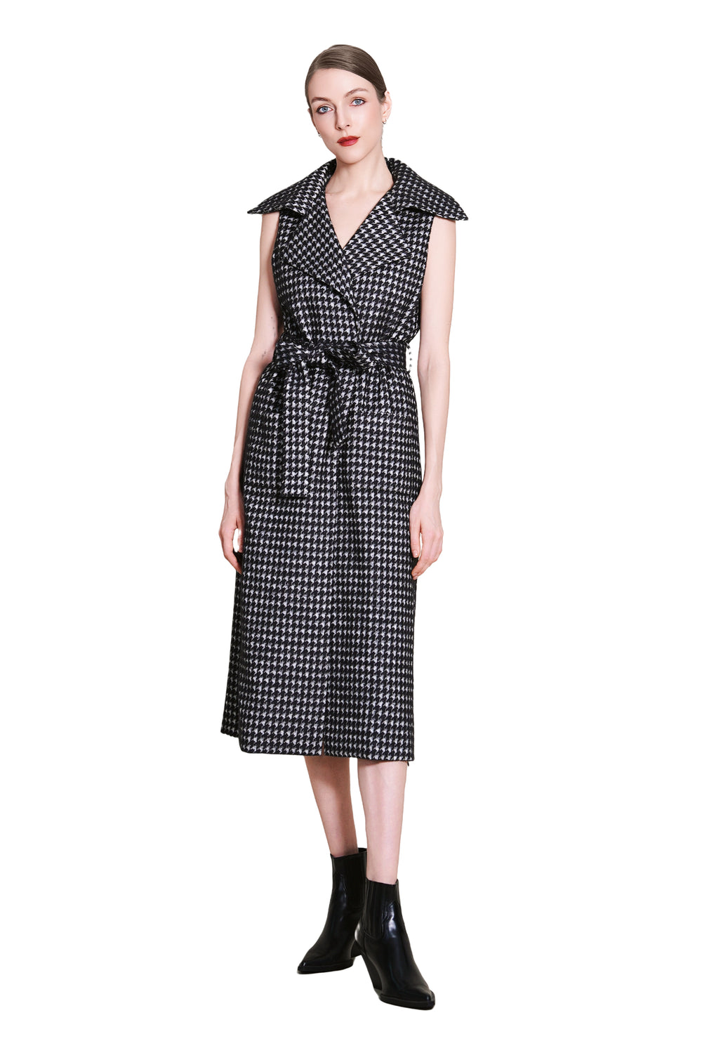 Bea Houndtooth Wool Maxi Sleeveless Trench