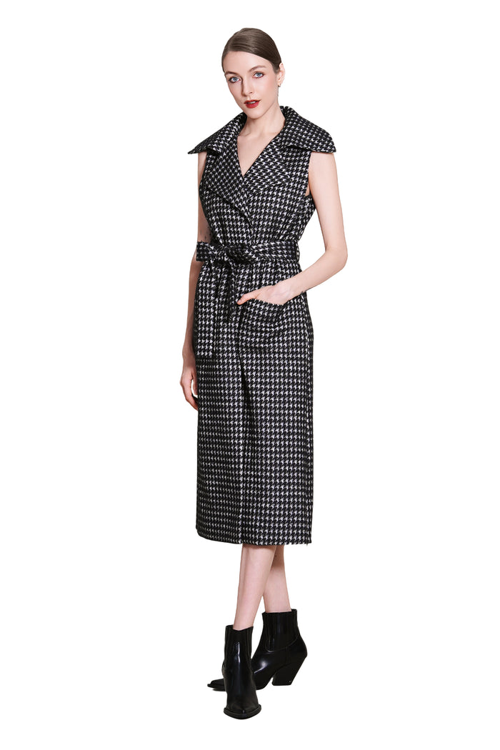 Bea Houndtooth Wool Maxi Sleeveless Trench