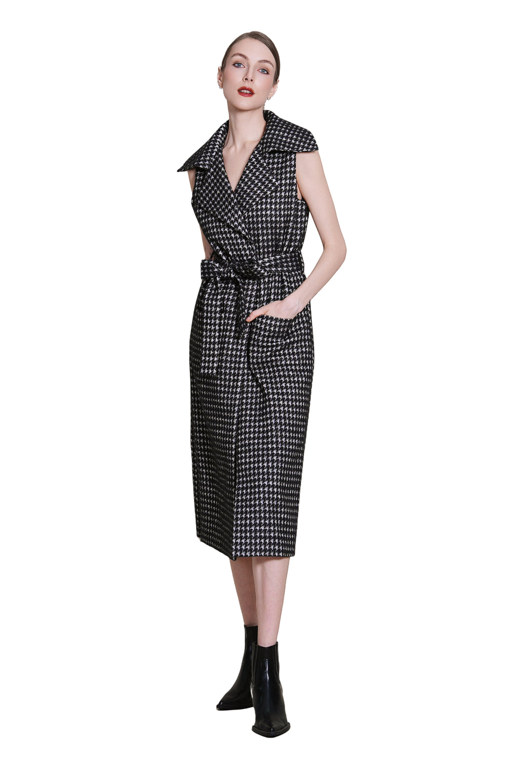 Bea Houndtooth Wool Maxi Sleeveless Trench