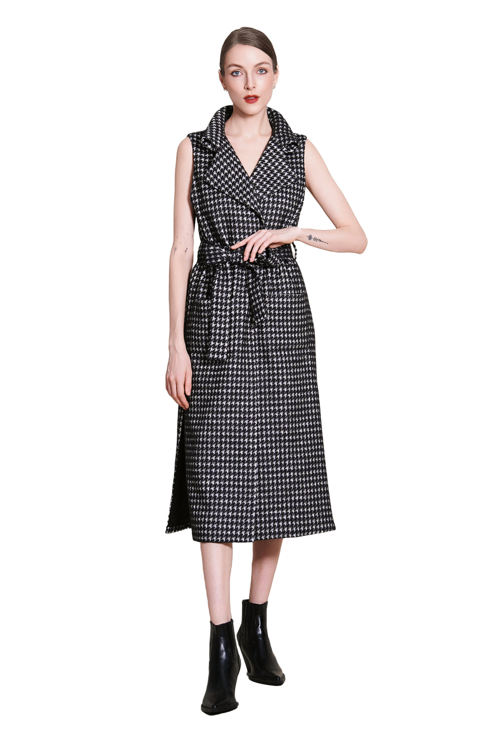 Bea Houndtooth Wool Maxi Sleeveless Trench