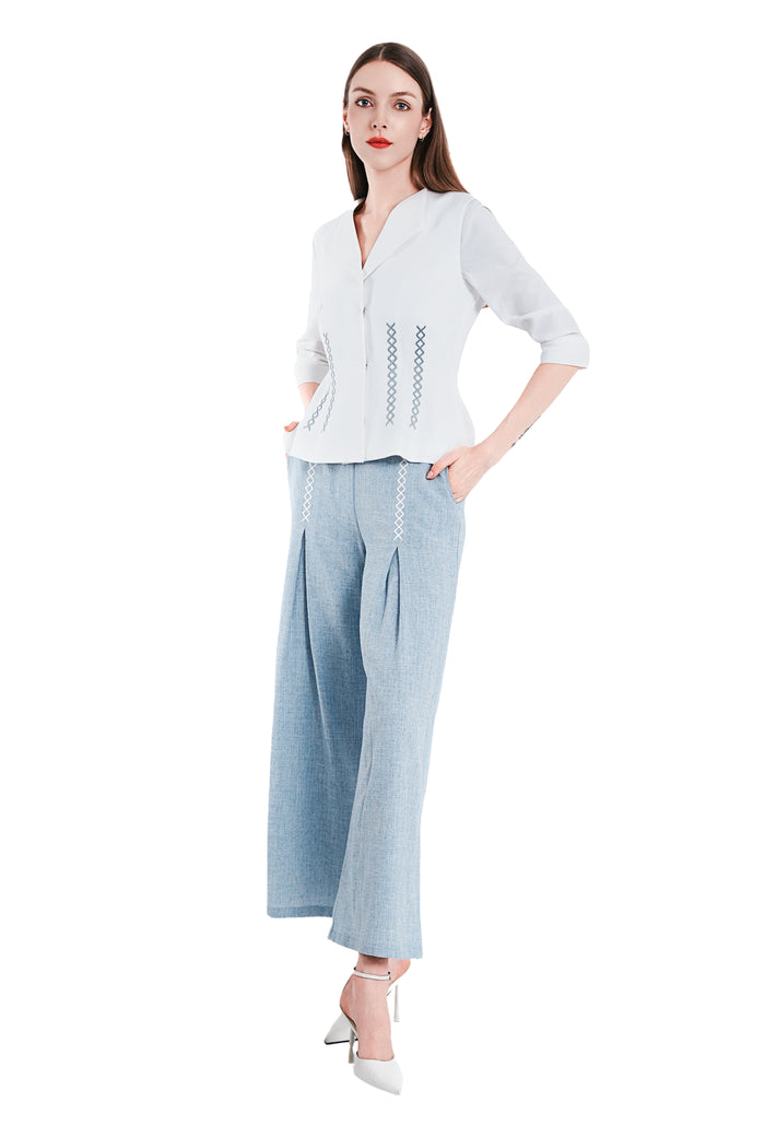 Anisha Linen Embroidery Open Collar Top