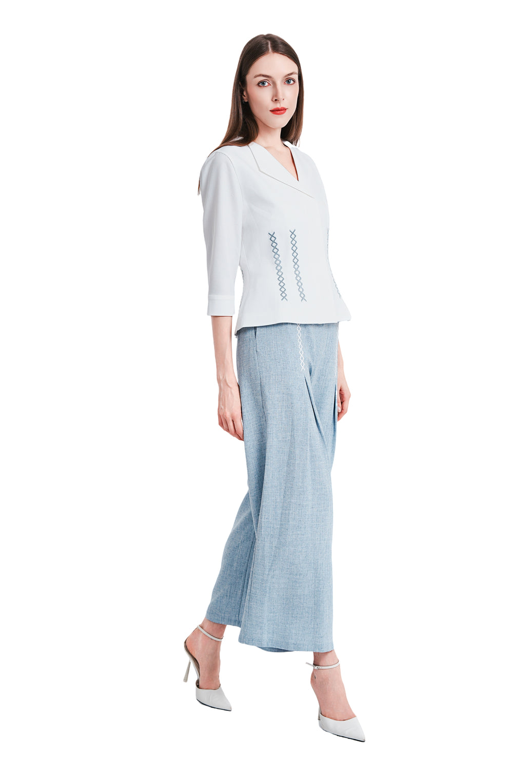 Anisha Linen Embroidery Open Collar Top