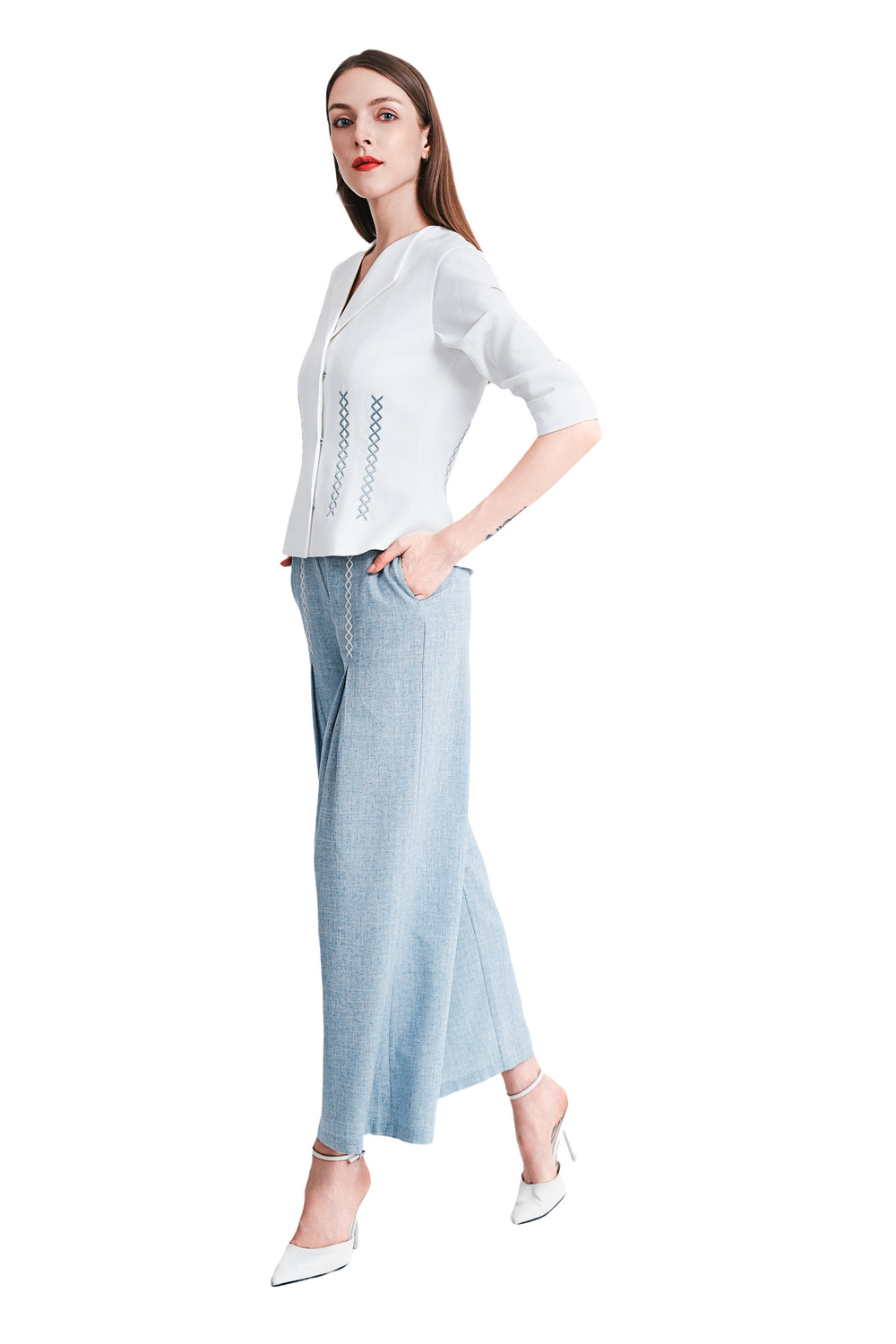 Anisha Linen Embroidery Open Collar Top