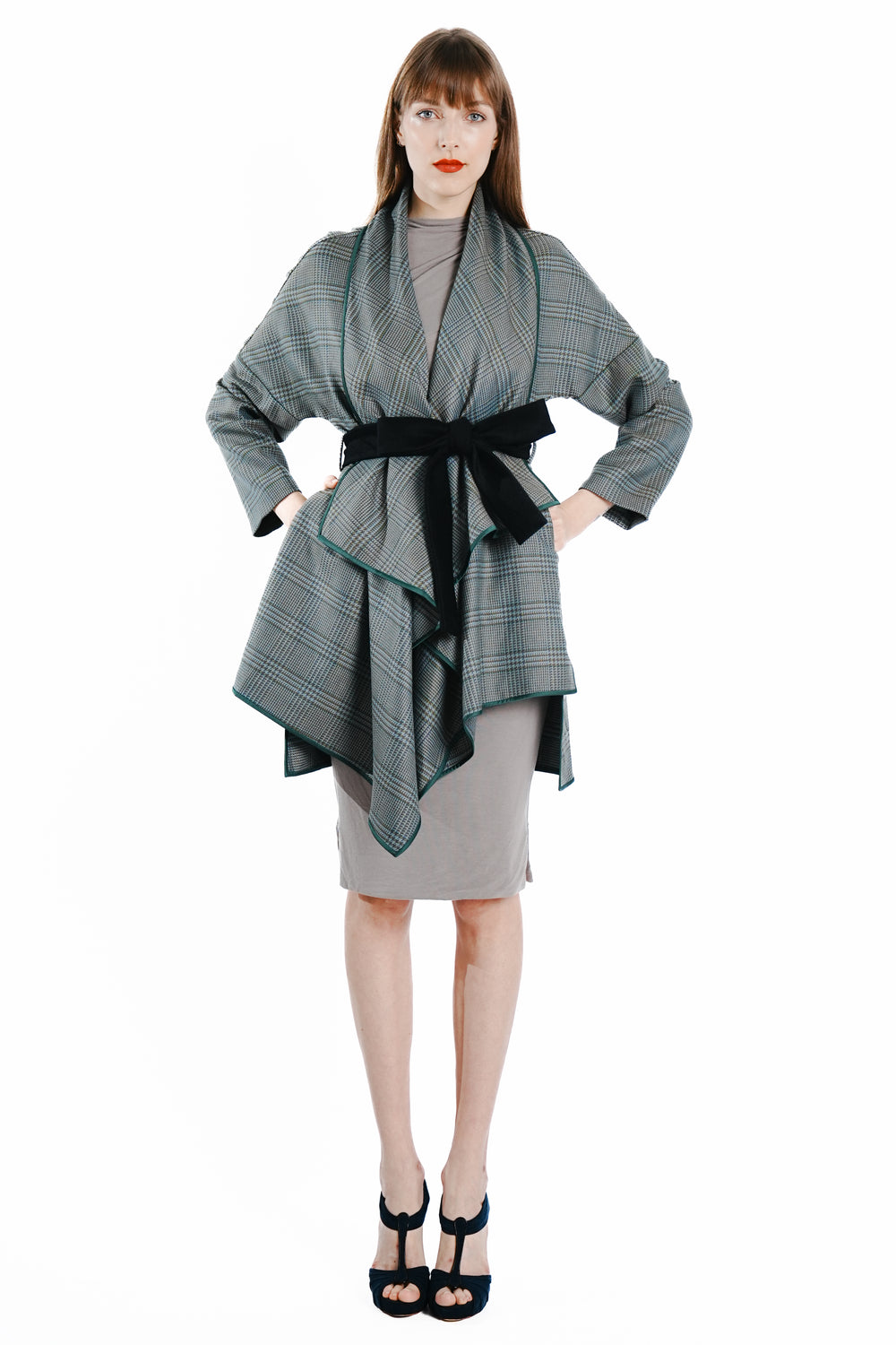 Oma Checkered Wrapped Coat with Satin Trim