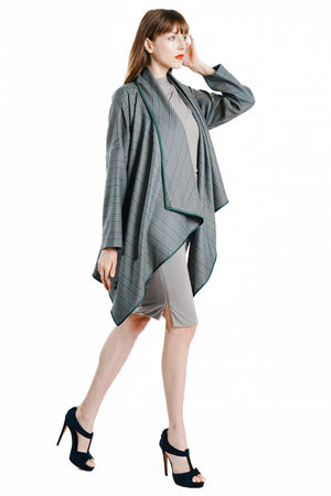 Oma Checkered Wrapped Coat with Satin Trim