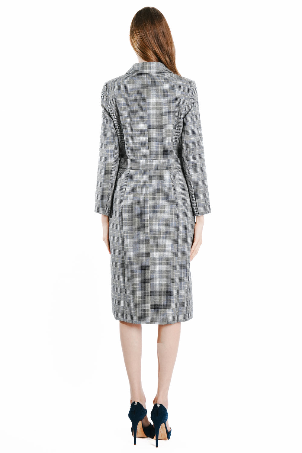 Sianna Maxi Wool Glen Plaid Coat with Side Zipper