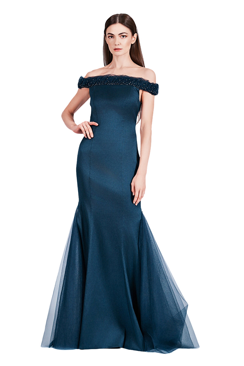 Theia Matte Open Zip Off-Shoulder Gown
