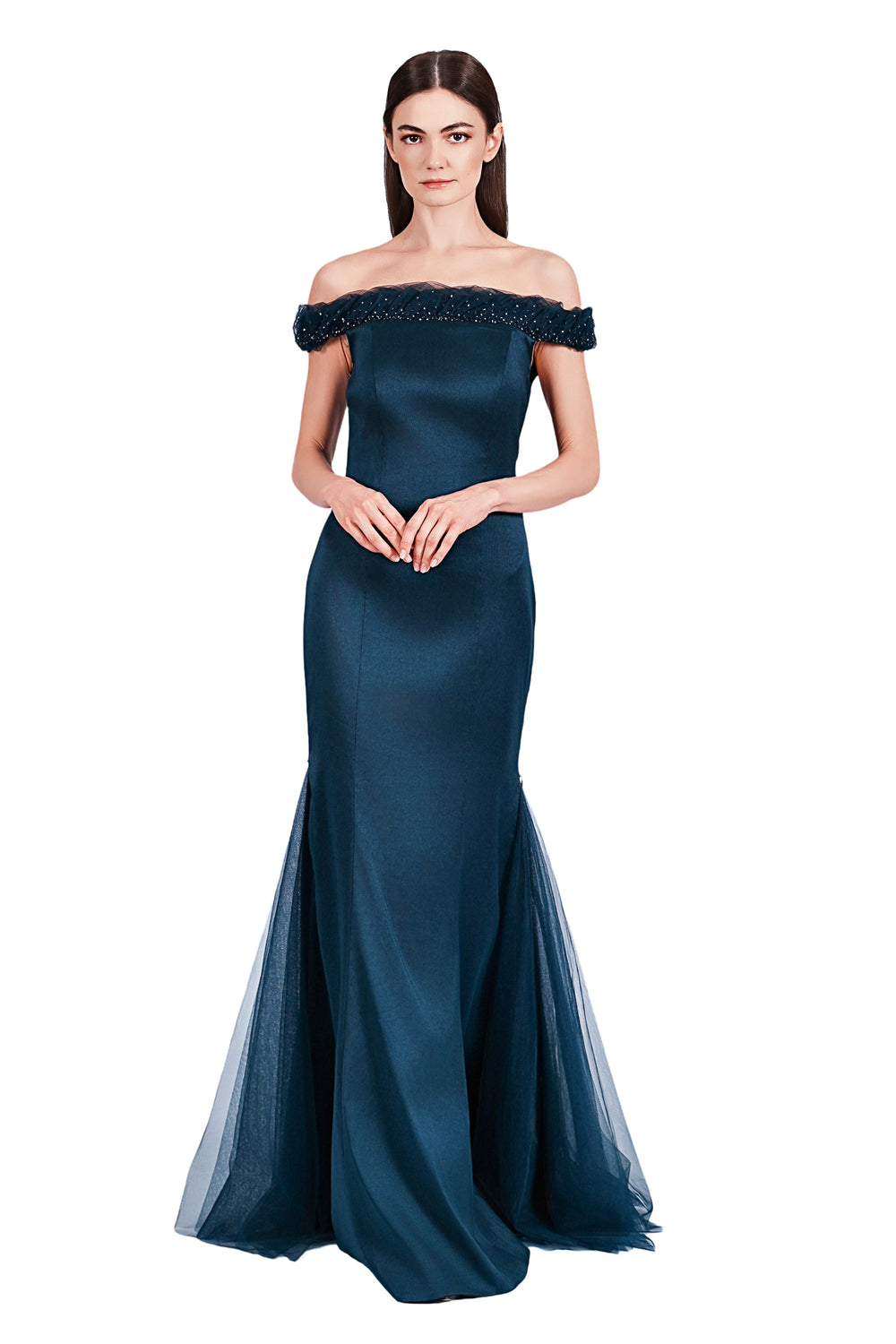 Theia Matte Open Zip Off-Shoulder Gown