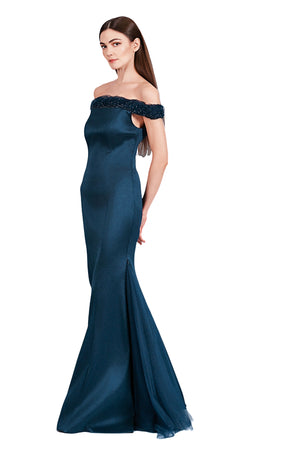 Theia Matte Open Zip Off-Shoulder Gown