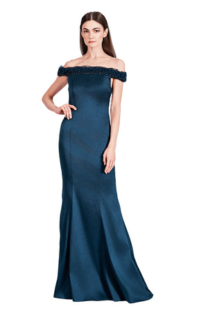 Theia Matte Open Zip Off-Shoulder Gown