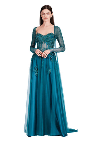 Rhea Lace Emb. Gown with Long Sleeves Cape