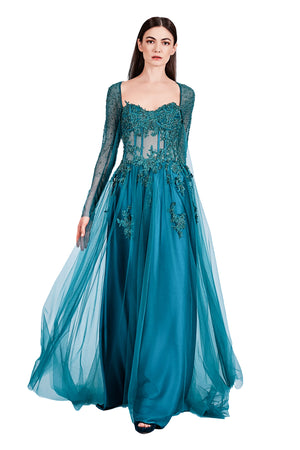 Rhea Lace Emb. Gown with Long Sleeves Cape