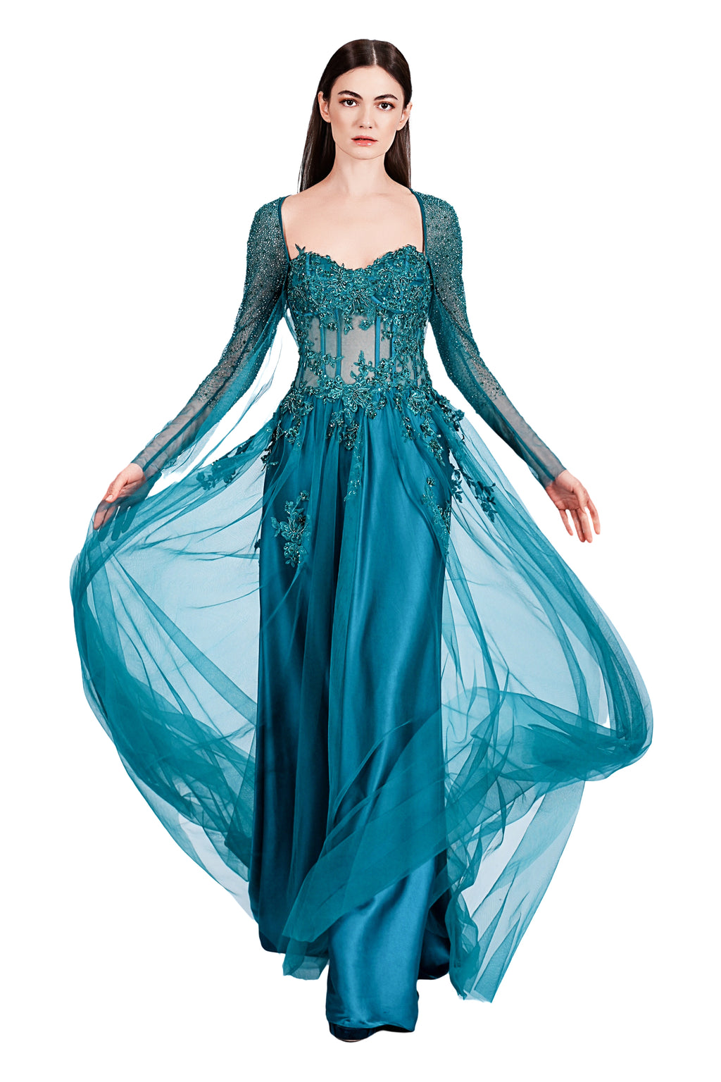 Rhea Lace Emb. Gown with Long Sleeves Cape