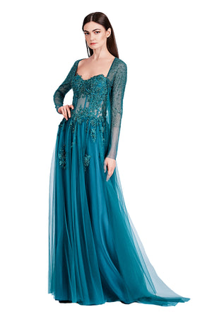 Rhea Lace Emb. Gown with Long Sleeves Cape
