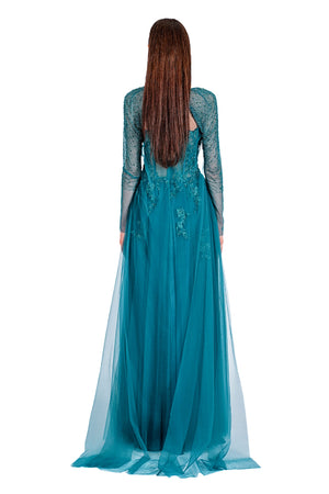 Rhea Lace Emb. Gown with Long Sleeves Cape