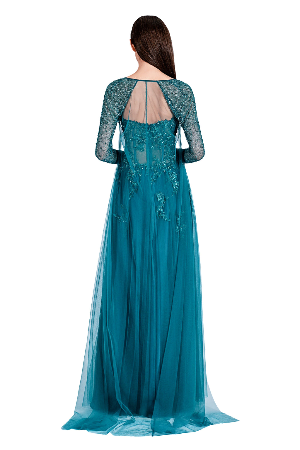Rhea Lace Emb. Gown with Long Sleeves Cape