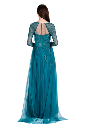 Rhea Lace Emb. Gown with Long Sleeves Cape
