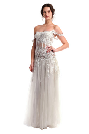 Balvine White Lace Embroidery Gown