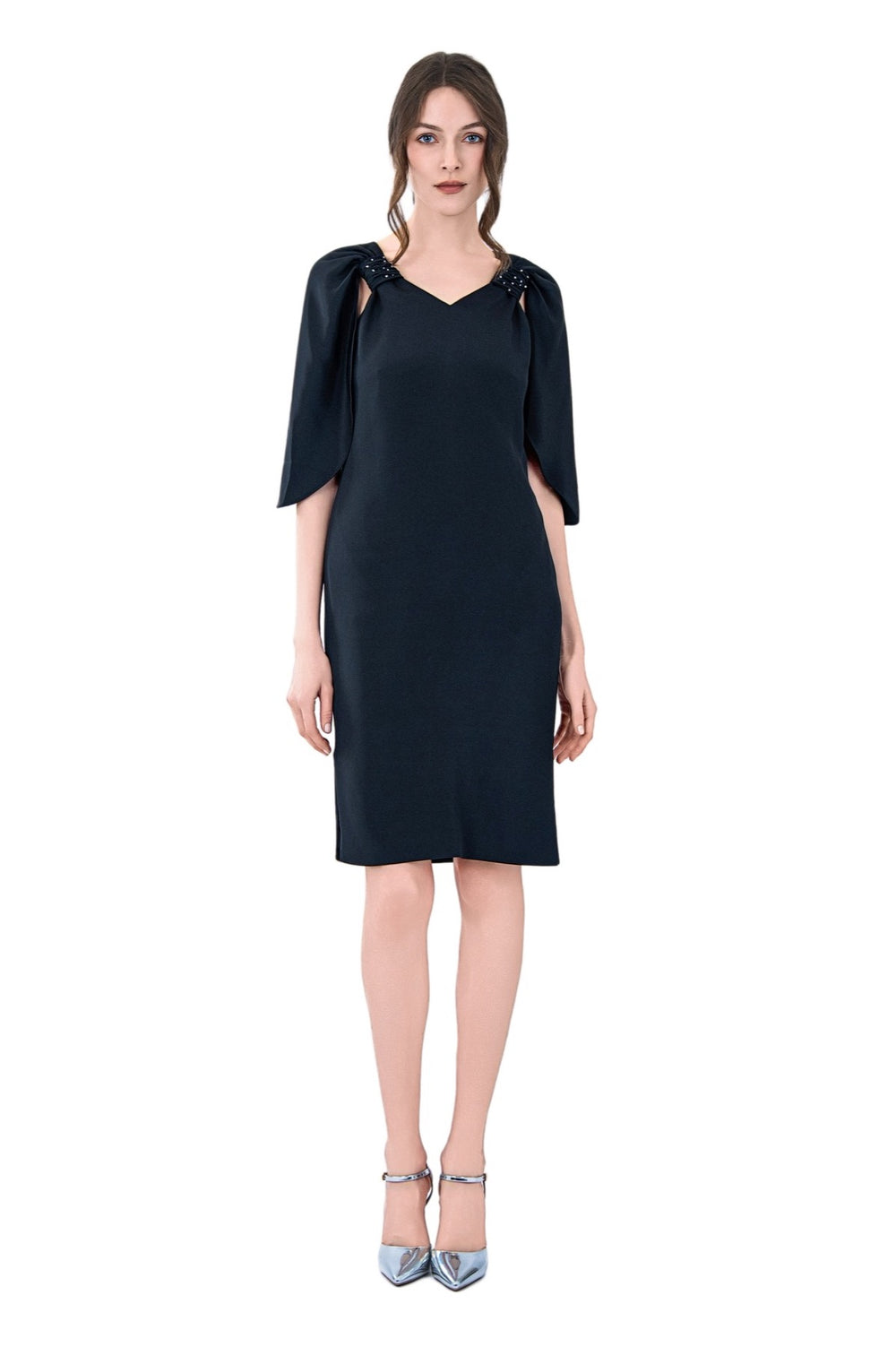 Reva Cape Sleeves Silk Crepe Dress