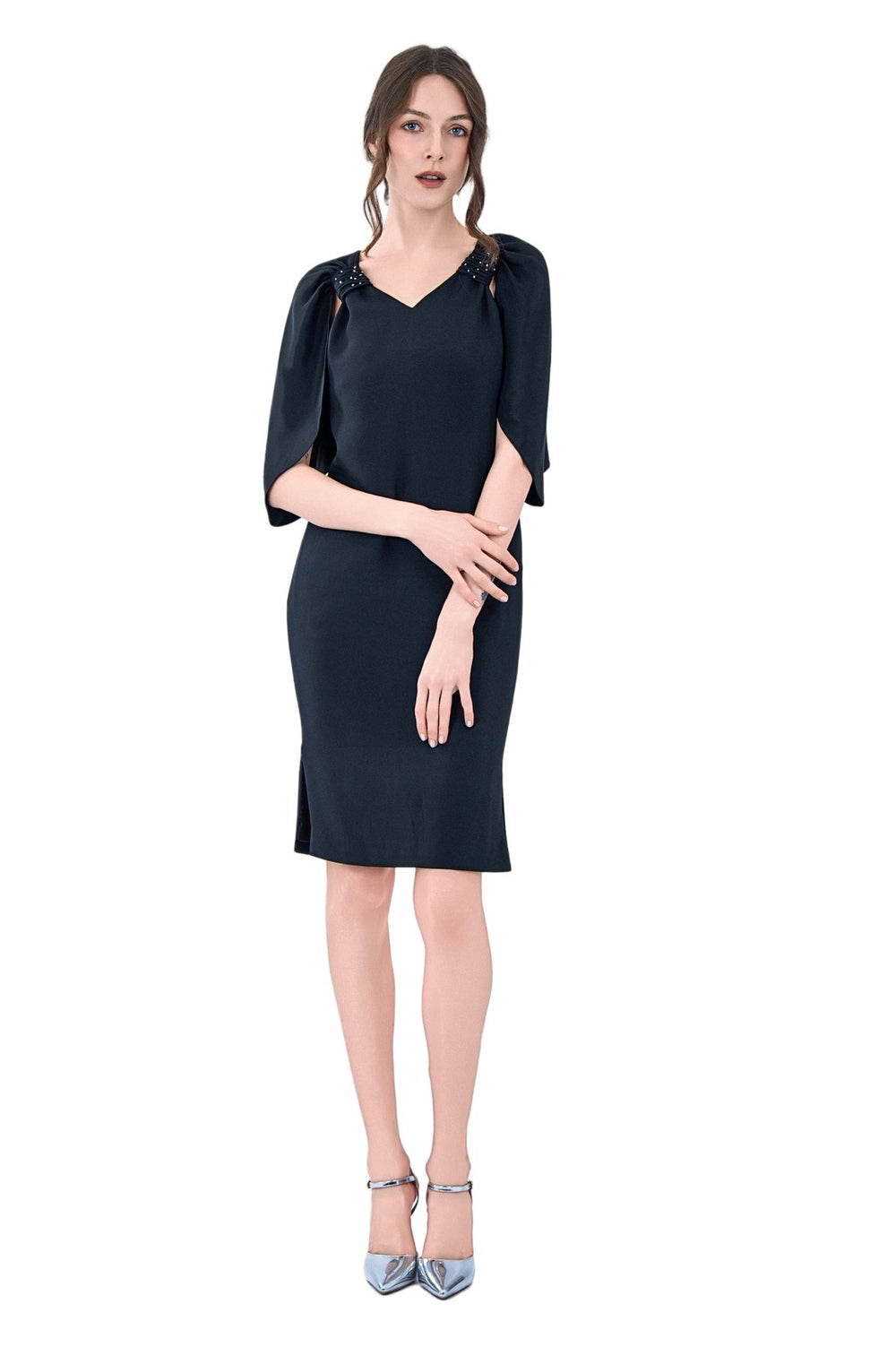 Reva Cape Sleeves Silk Crepe Dress