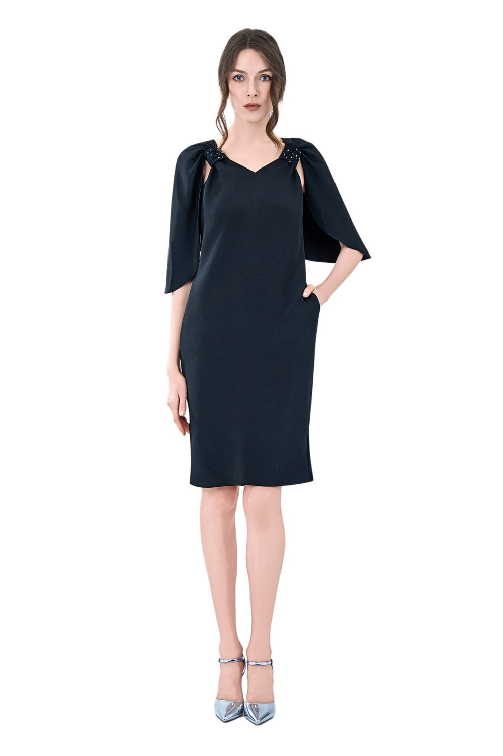 Reva Cape Sleeves Silk Crepe Dress