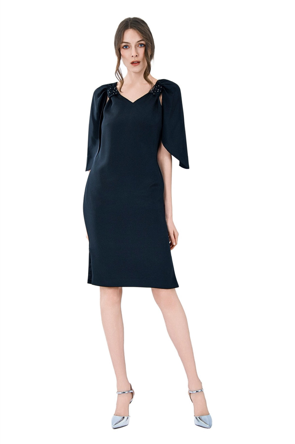 Reva Cape Sleeves Silk Crepe Dress