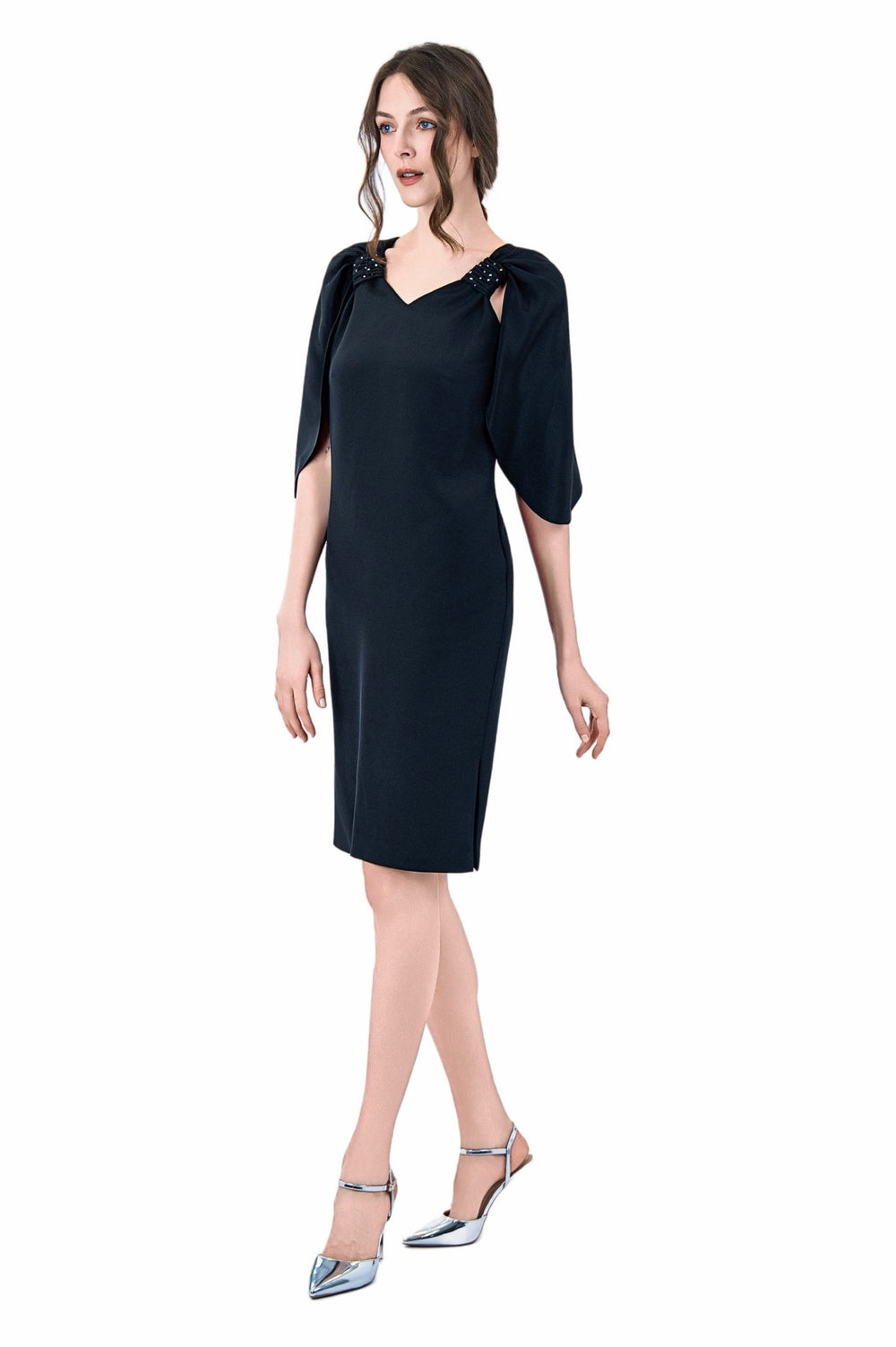Reva Cape Sleeves Silk Crepe Dress