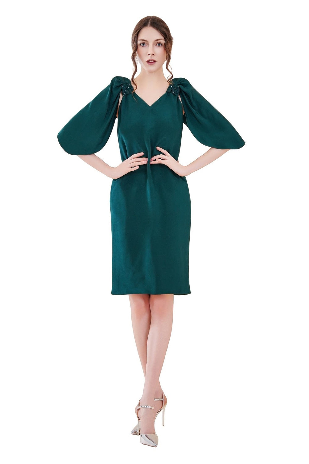 Reva Cape Sleeves Silk Crepe Dress