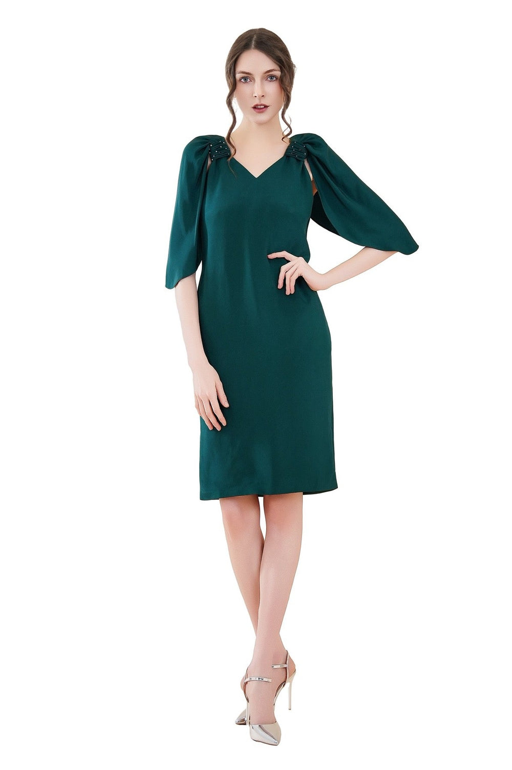 Reva Cape Sleeves Silk Crepe Dress