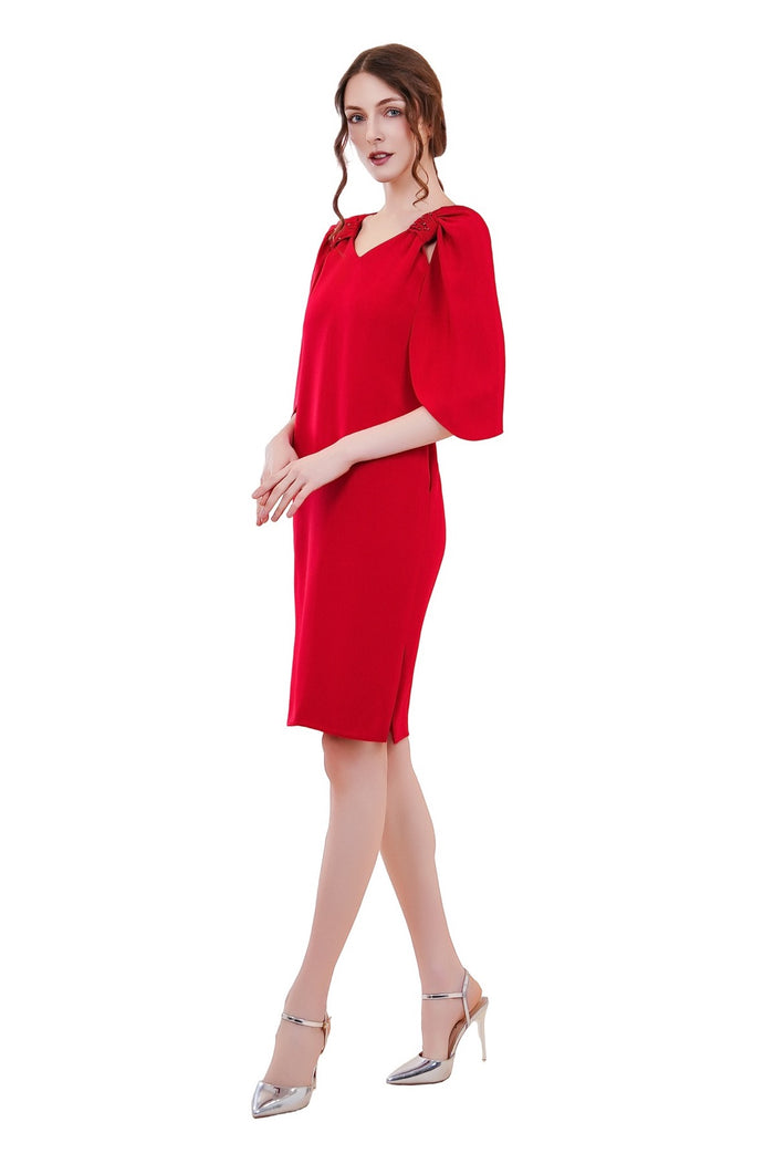 Reva Cape Sleeves Silk Crepe Dress - Red