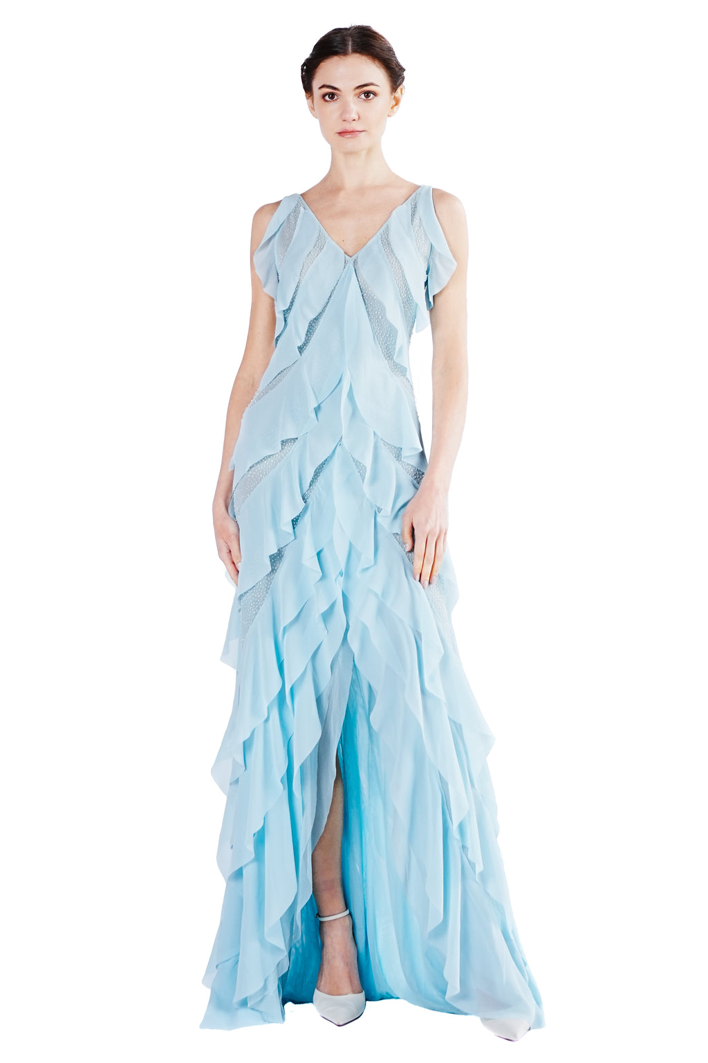 Julienne Multi-layer Chiffon Emb. Gown in Light Blue